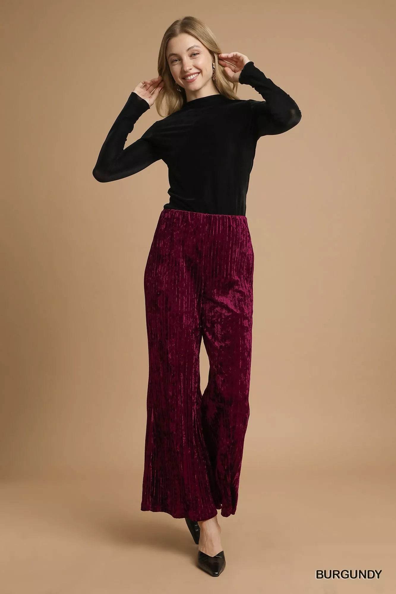 Umgee Velvet Pleated Wide Leg Pants - Ultim8 Designs 4 U