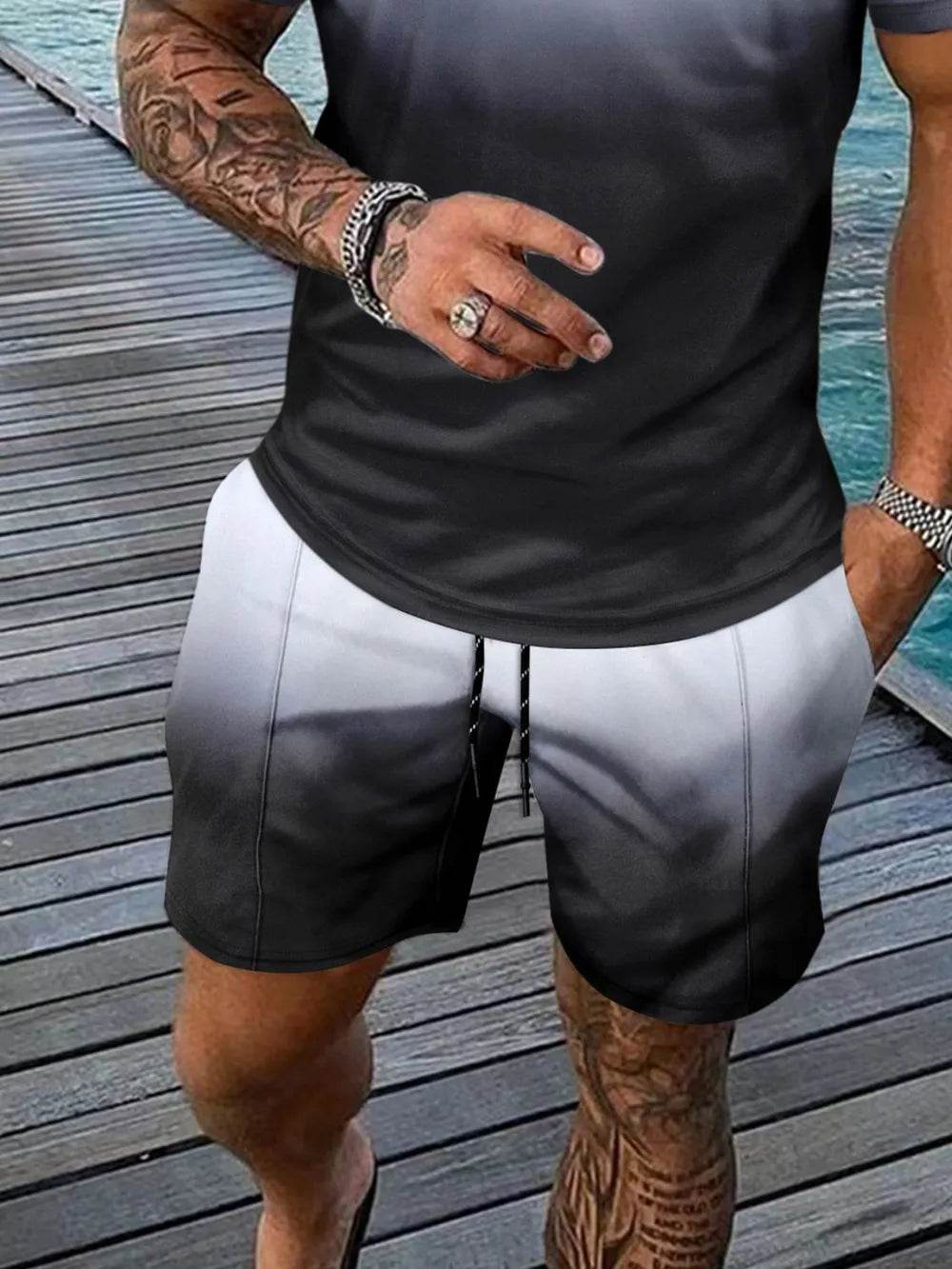 Men's Full Size Gradient Collared Neck Top and Shorts Set Plus Size - Ultim8 Designs 4 U