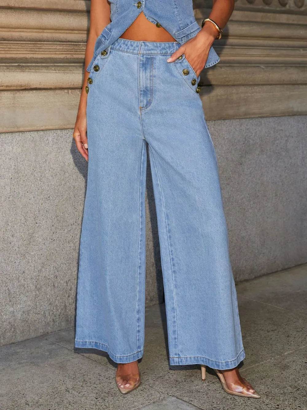 Button Decor High Rise Wide Leg Jeans - Ultim8 Designs 4 U