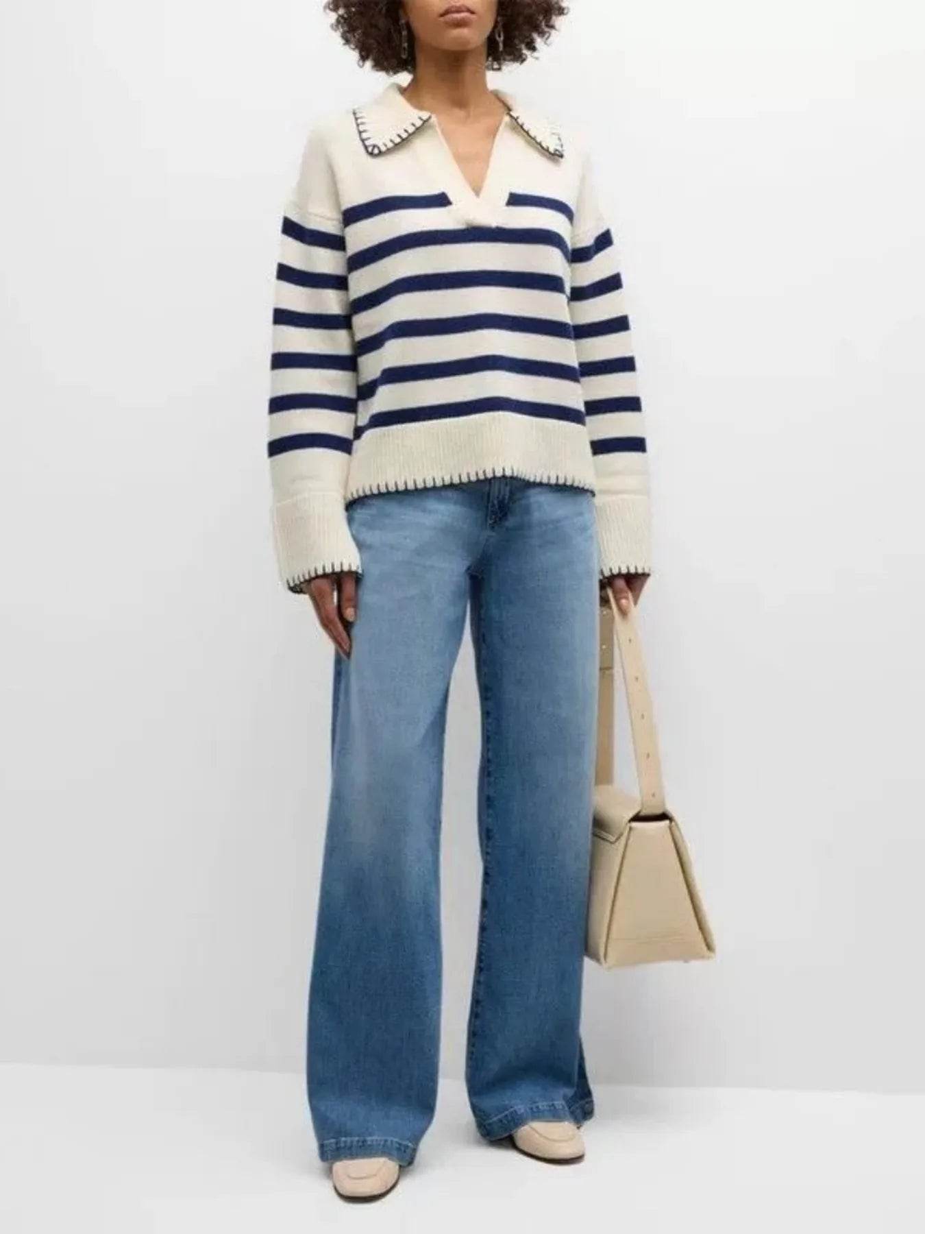 Striped Johnny Collar Sweater - Ultim8 Designs 4 U