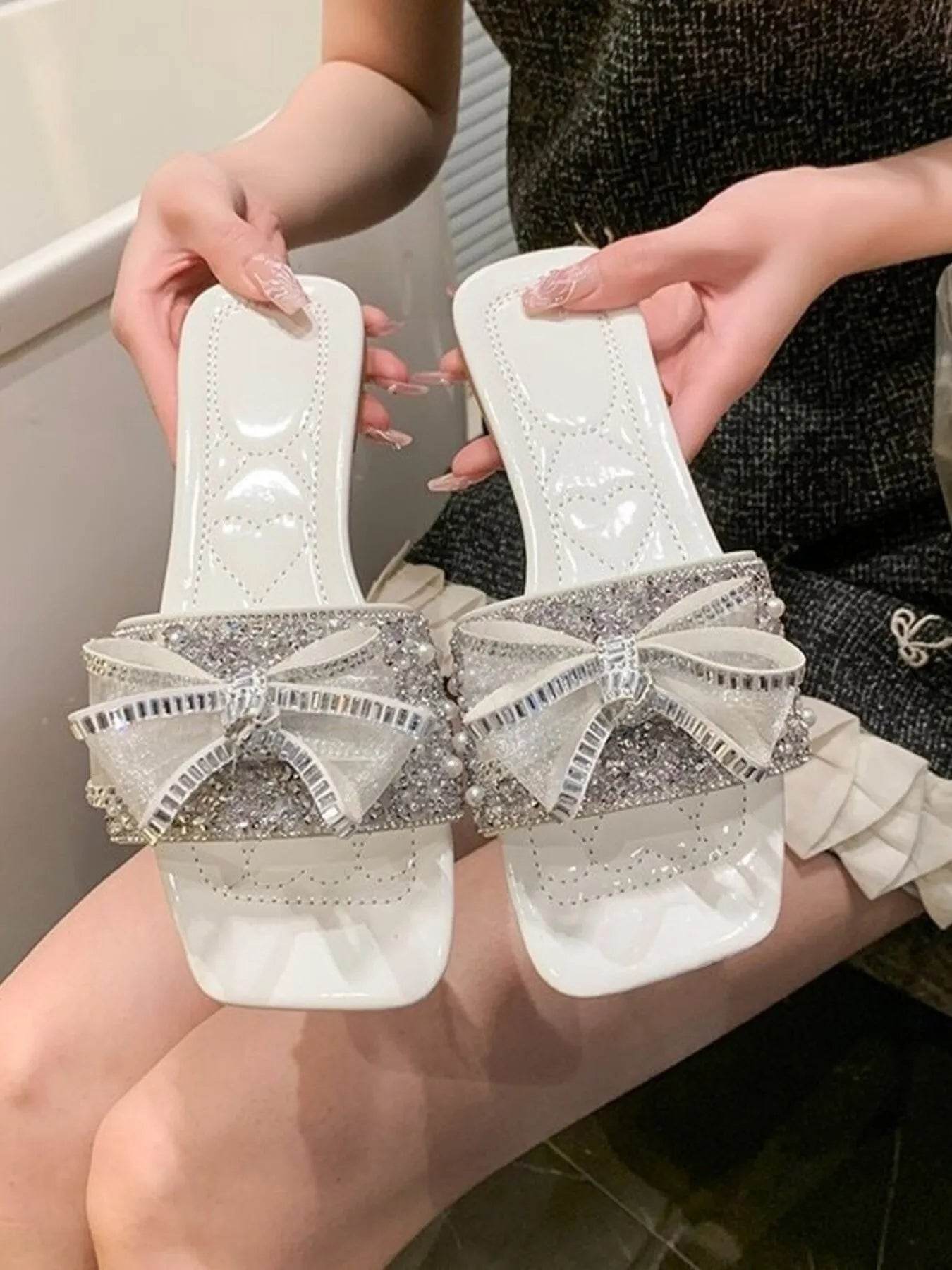Rhinestone Pearl Embellished Bow Sandals - Ultim8 Designs 4 U