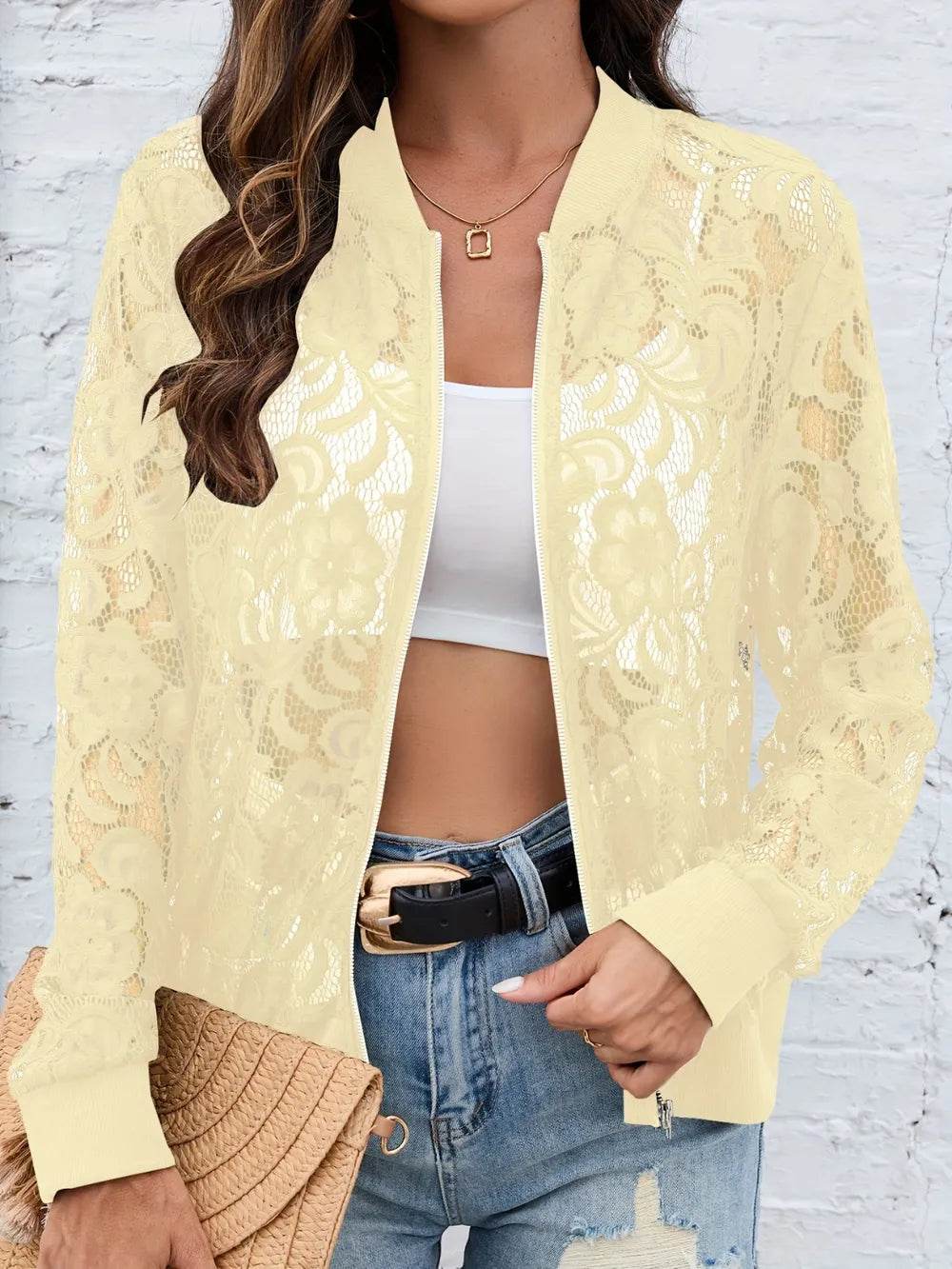 Sheer Lace Zip Up Long Sleeve Jacket - Ultim8 Designs 4 U