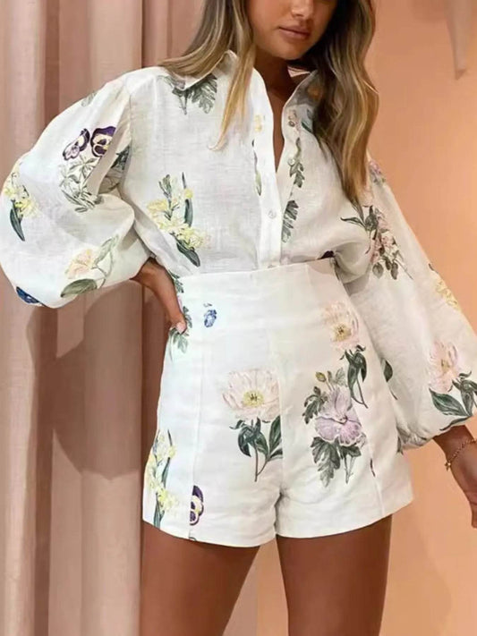 Printed Balloon Sleeve Top and Shorts Set - Ultim8 Designs 4 U