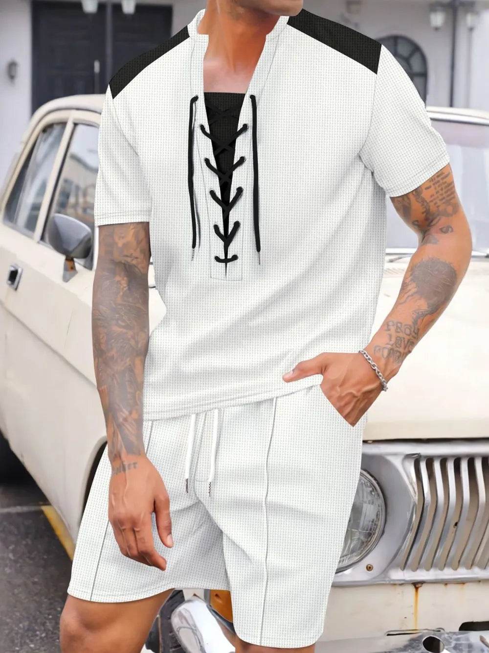Men's Full Size Lace-Up Waffle Knit Top and Shorts Set Plus Size - Ultim8 Designs 4 U