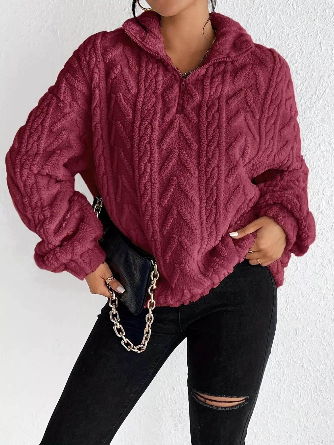 Quarter Zip Dropped Shoulder Sherpa Sweatshirt - Ultim8 Designs 4 U