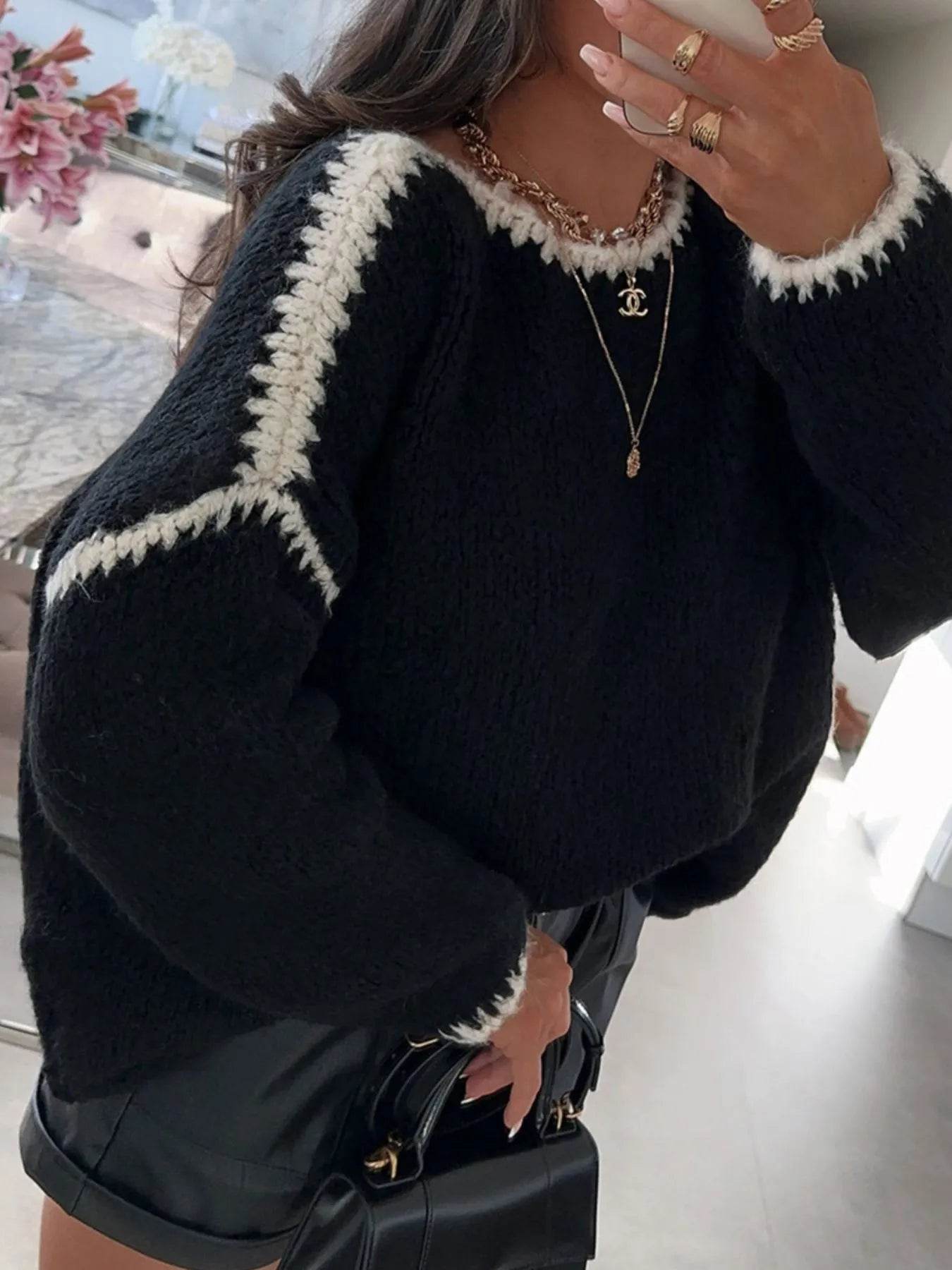 Contrast Trim Oversized Sweater - Ultim8 Designs 4 U