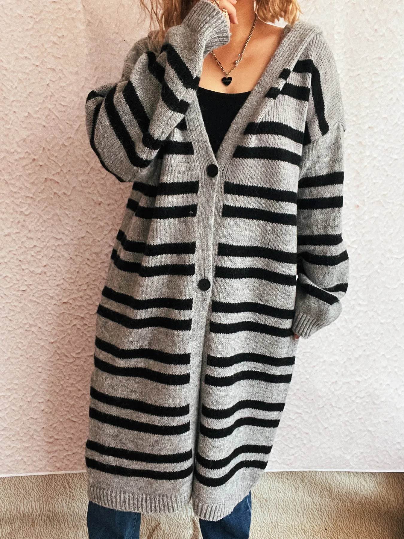 Striped Open Front Hooded Cardigan - Ultim8 Designs 4 U