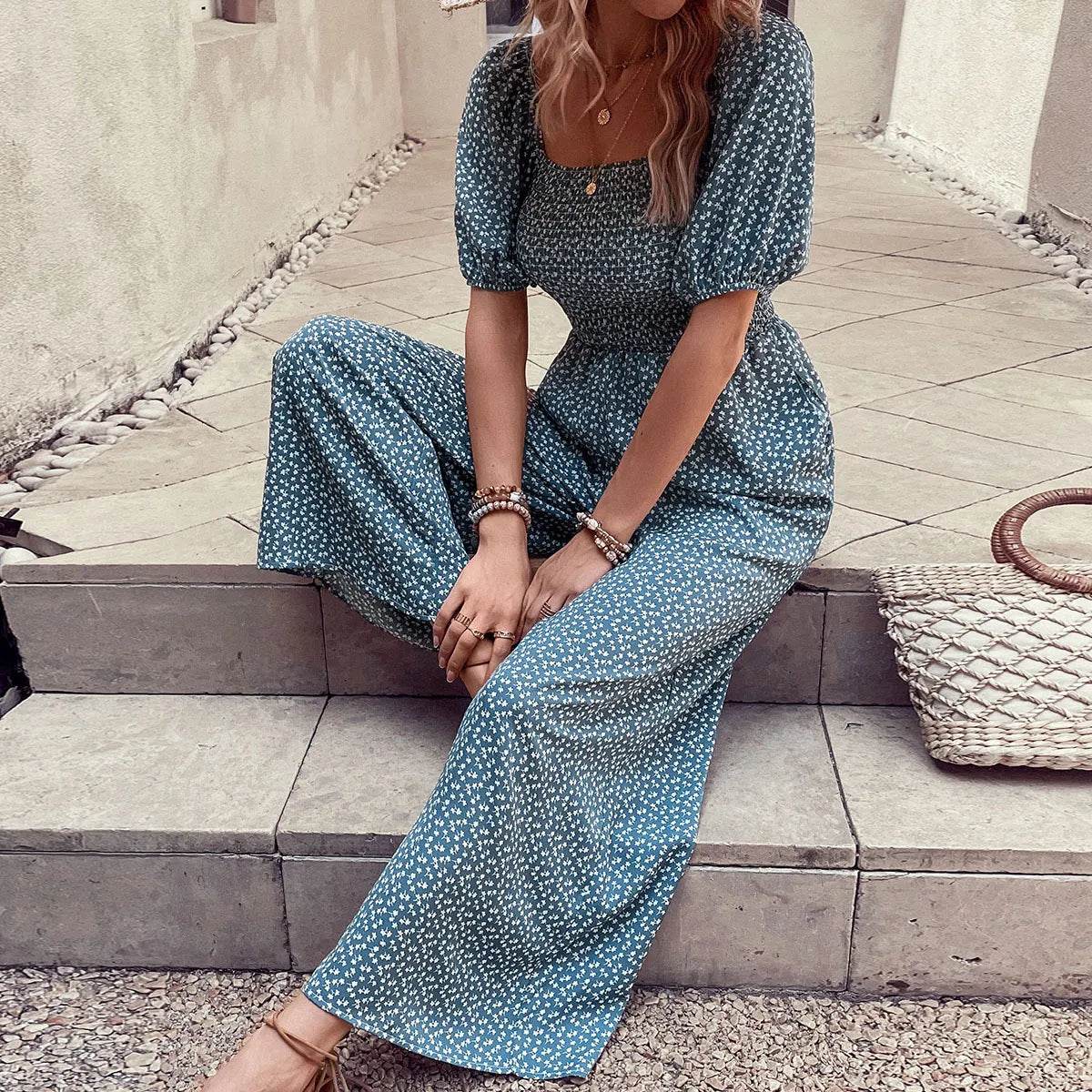 Printed Square Neck Puff Sleeve Jumpsuit - Ultim8 Designs 4 U