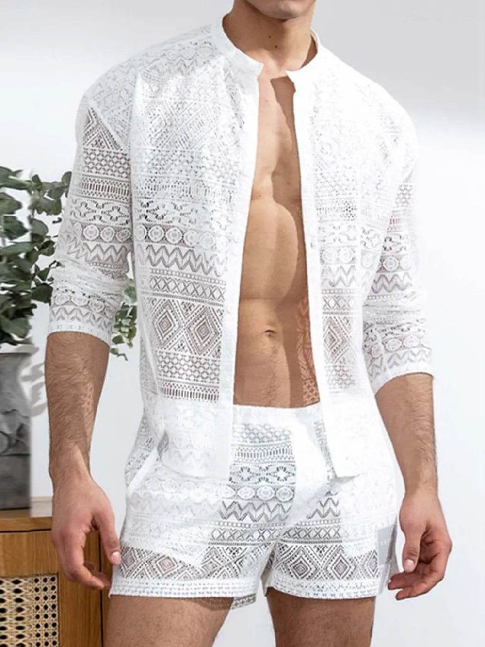 Men's Full Size Lace Button Down Top and Shorts Set Plus Size - Ultim8 Designs 4 U