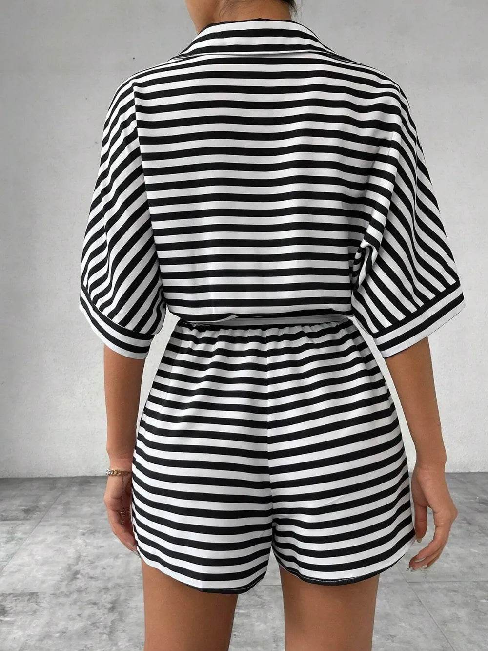 Tie Waist Half Button Striped Romper - Ultim8 Designs 4 U