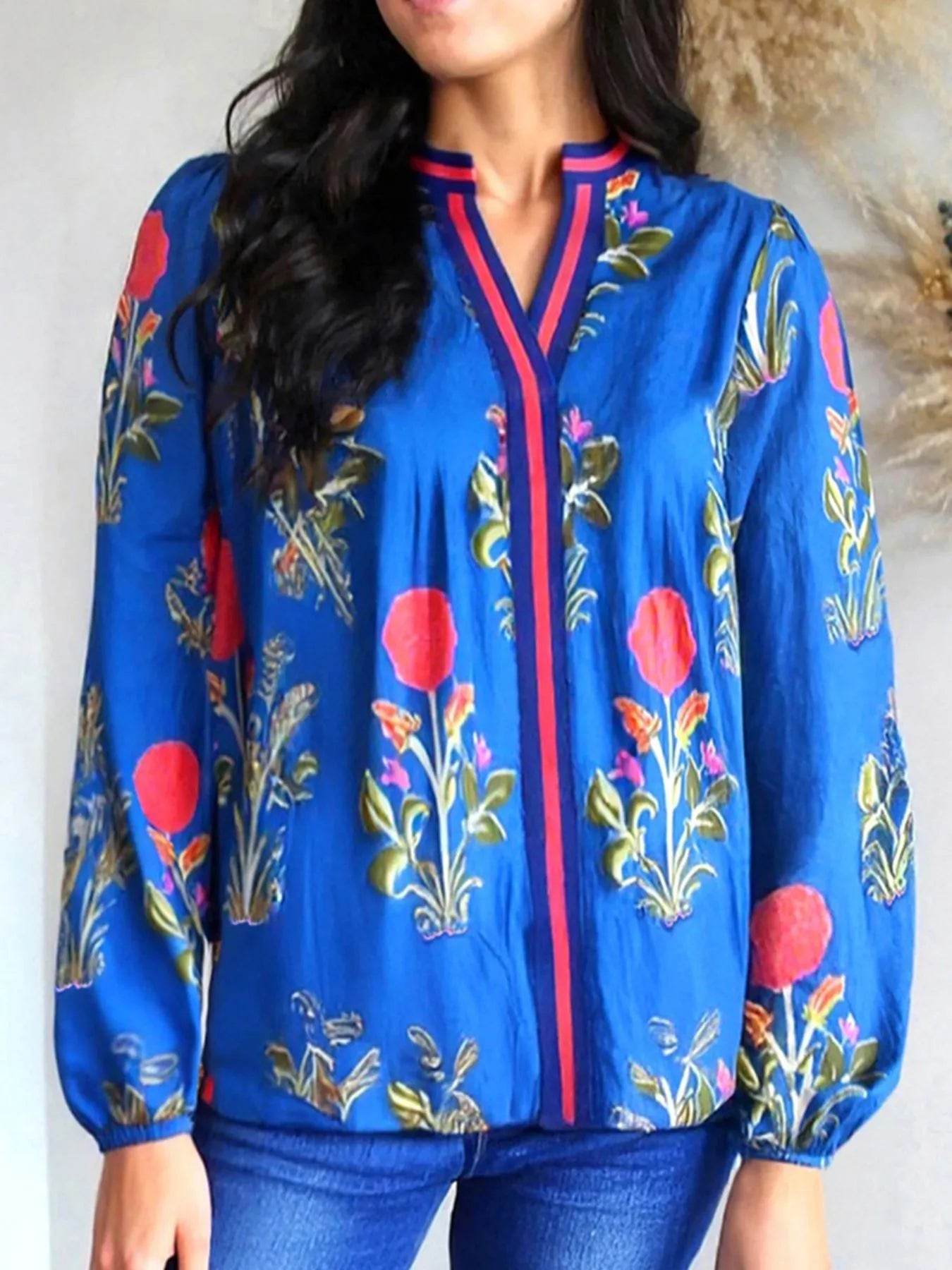 Floral Notched Balloon Sleeve Blouse - Ultim8 Designs 4 U