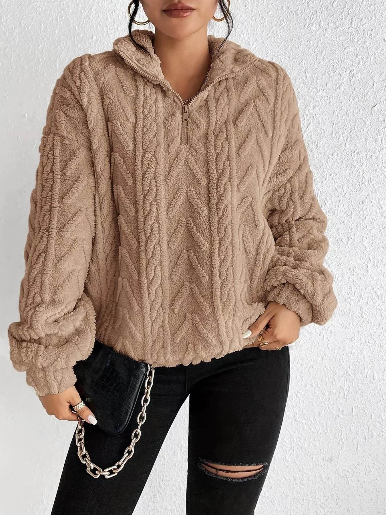 Quarter Zip Dropped Shoulder Sherpa Sweatshirt - Ultim8 Designs 4 U