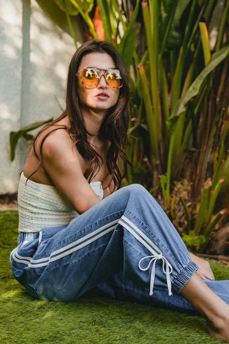BiBi Striped Tape Details With Bot Tied Point Elastic Waist Jeans - Ultim8 Designs 4 U