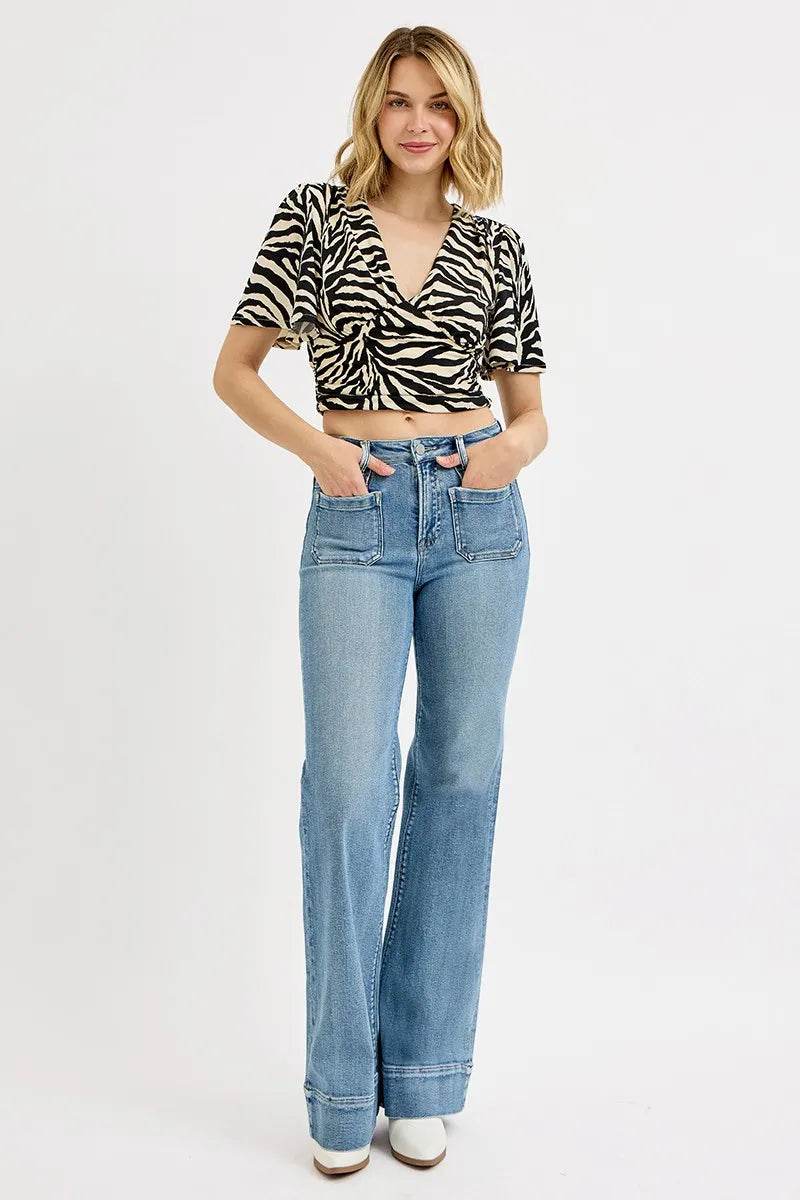 RISEN Full Size High Rise Wide Flare Patch Pocket Jeans Plus Size - Ultim8 Designs 4 U