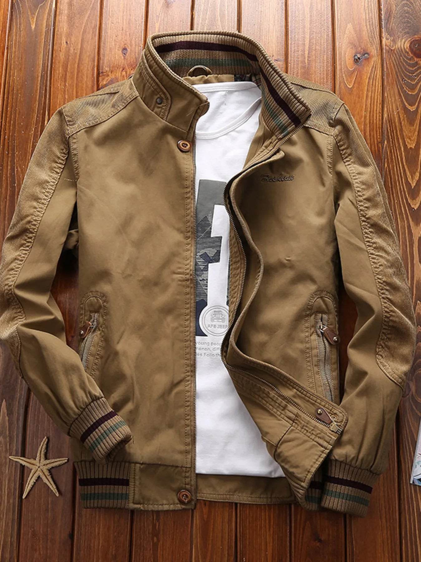 Men's Full Size Bomber Jacket with Ribbed Cuffs and Collar Plus Size - Ultim8 Designs 4 U