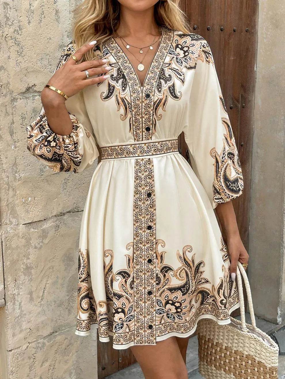 Paisley V-Neck 3/4 Sleeve Mini Dress - Ultim8 Designs 4 U