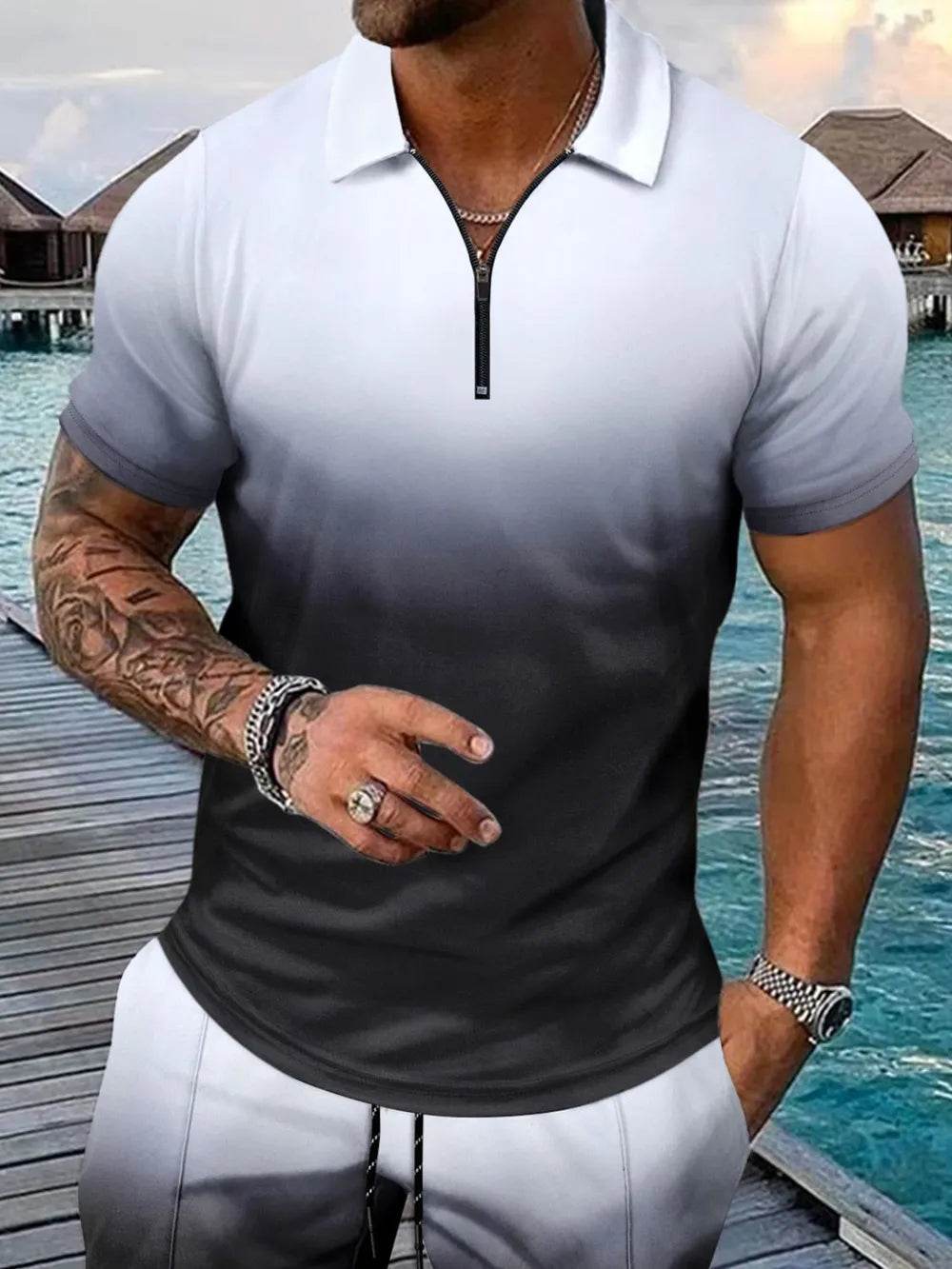 Men's Full Size Gradient Collared Neck Top and Shorts Set Plus Size - Ultim8 Designs 4 U