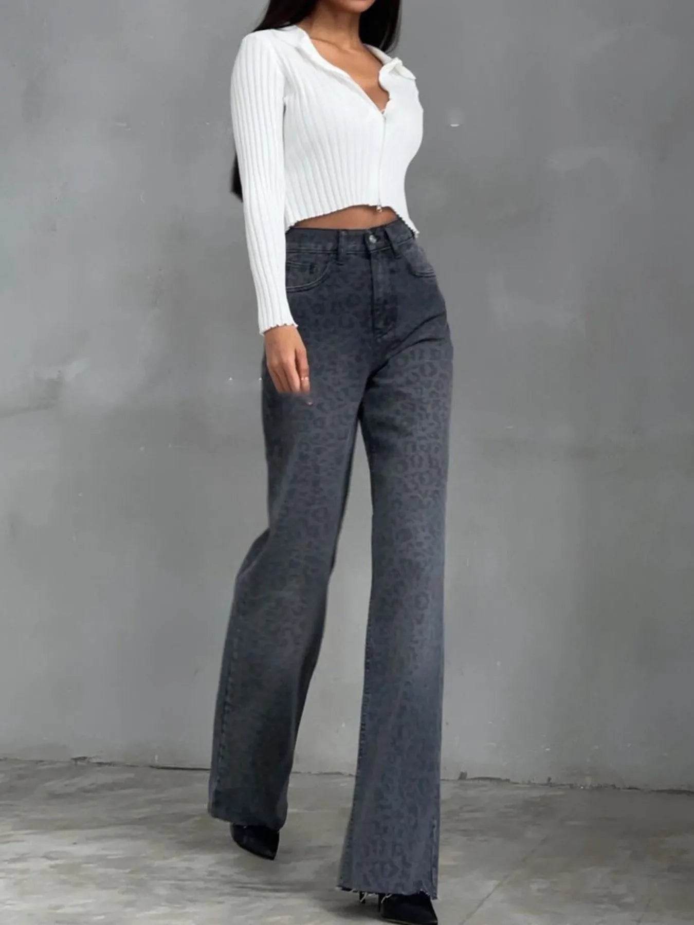 High-Waisted Leopard Print Flare Jeans - Ultim8 Designs 4 U