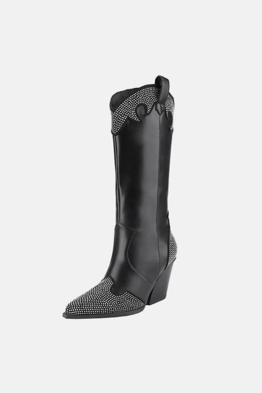 Weeboo Chunky Heel Rhinestone Decor Western Boots - Ultim8 Designs 4 U