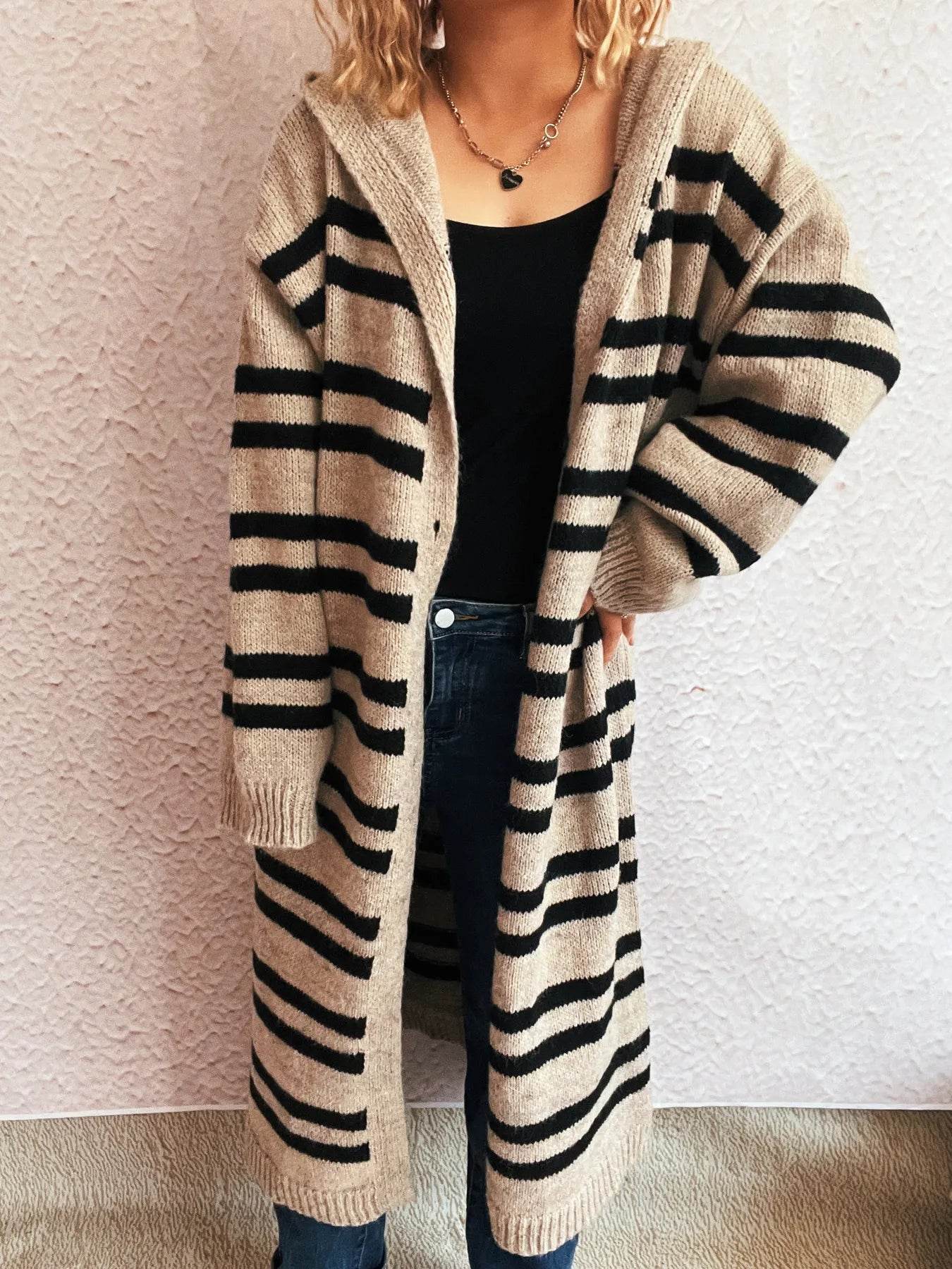 Striped Open Front Hooded Cardigan - Ultim8 Designs 4 U