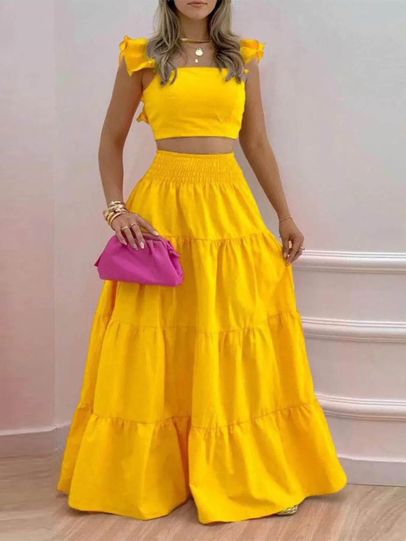 Full Size Ruffled Cami and Tiered Maxi Skirt Set Plus Size - Ultim8 Designs 4 U