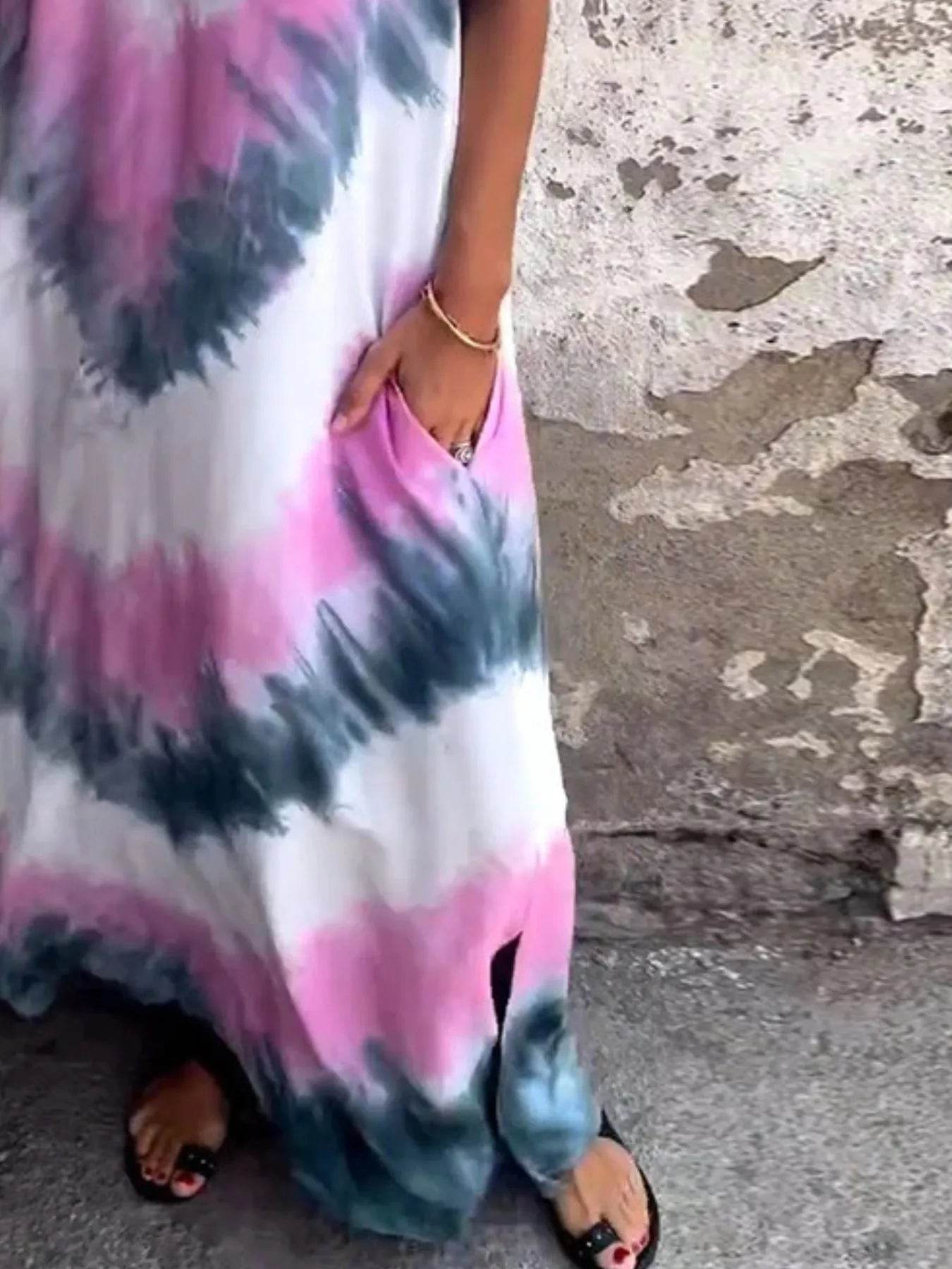 Full Size Tie-Dye V-Neck Midi Dress with Pockets Plus Size - Ultim8 Designs 4 U