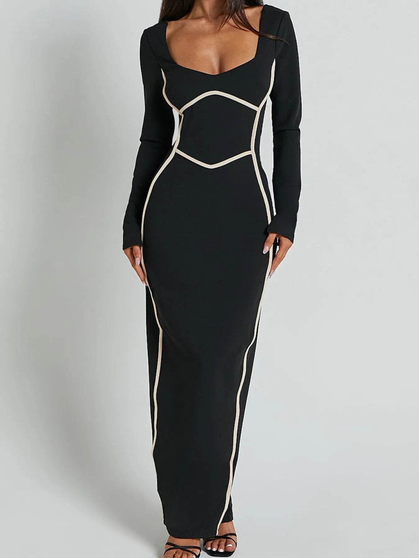 Contrast Trim Long Sleeve Bodycon Maxi Dress - Ultim8 Designs 4 U