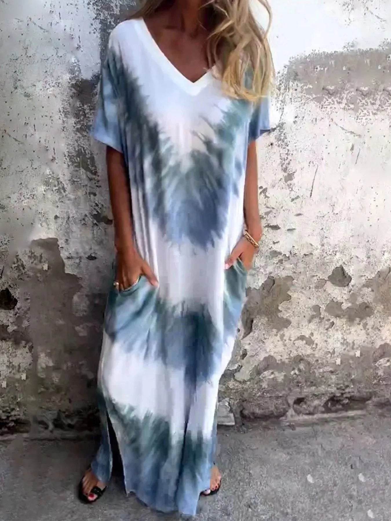 Full Size Tie-Dye V-Neck Midi Dress with Pockets Plus Size - Ultim8 Designs 4 U
