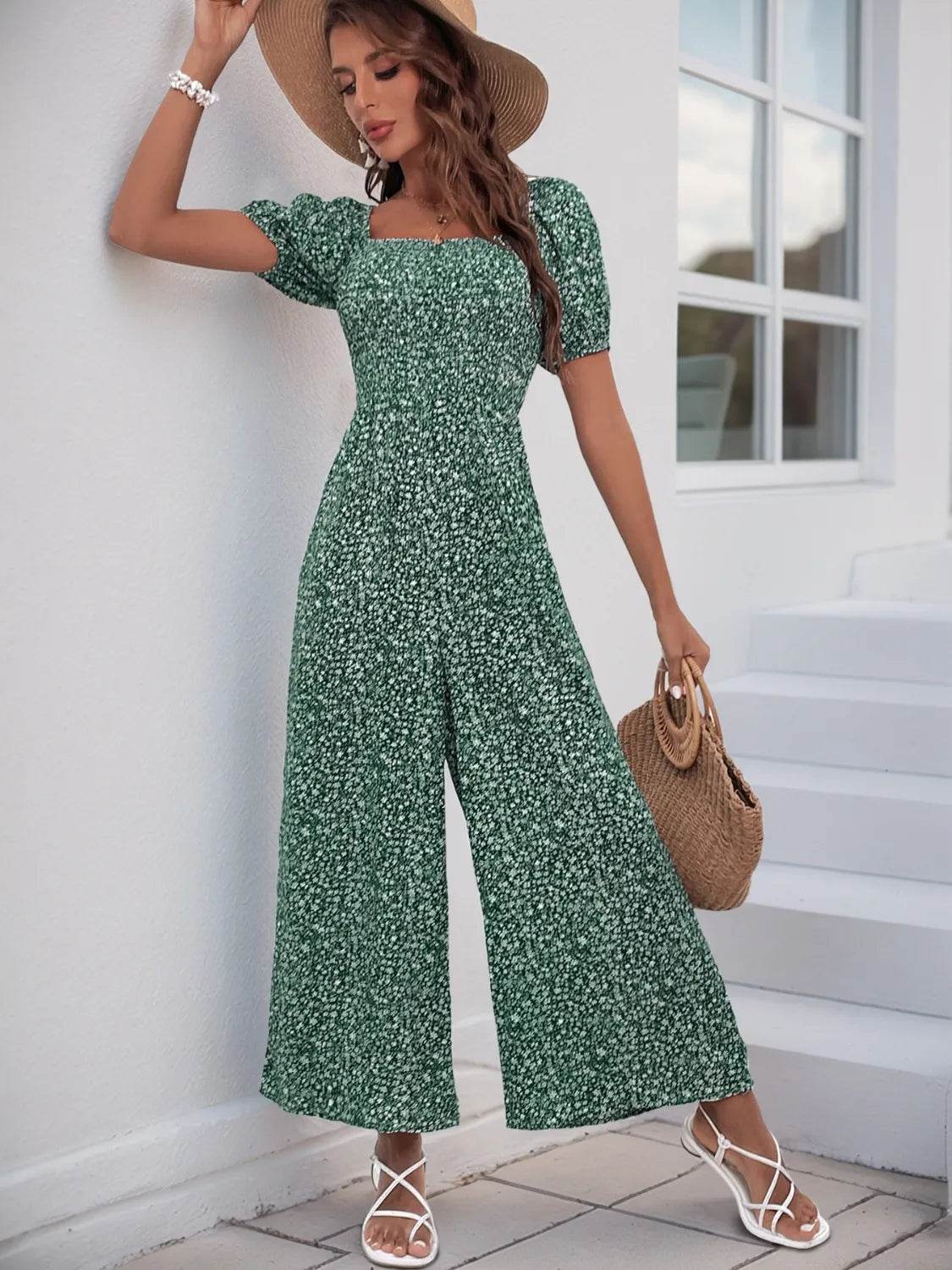 Printed Square Neck Puff Sleeve Jumpsuit - Ultim8 Designs 4 U