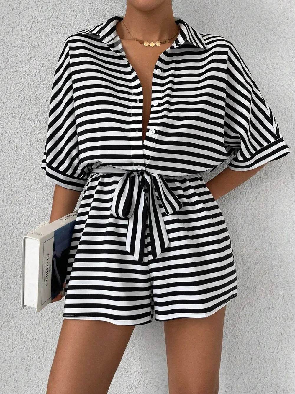 Tie Waist Half Button Striped Romper - Ultim8 Designs 4 U