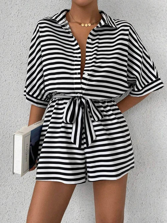 Tie Waist Half Button Striped Romper - Ultim8 Designs 4 U