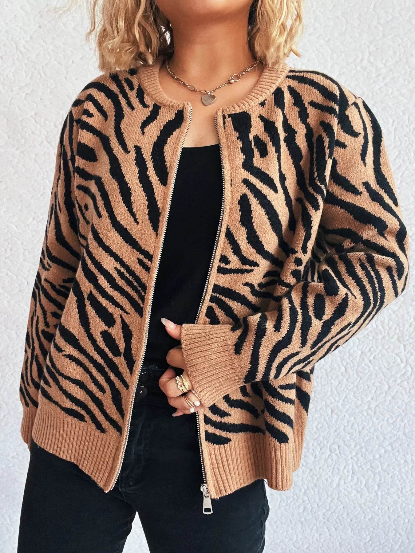 Zebra Print Zip Up Cardigan - Ultim8 Designs 4 U