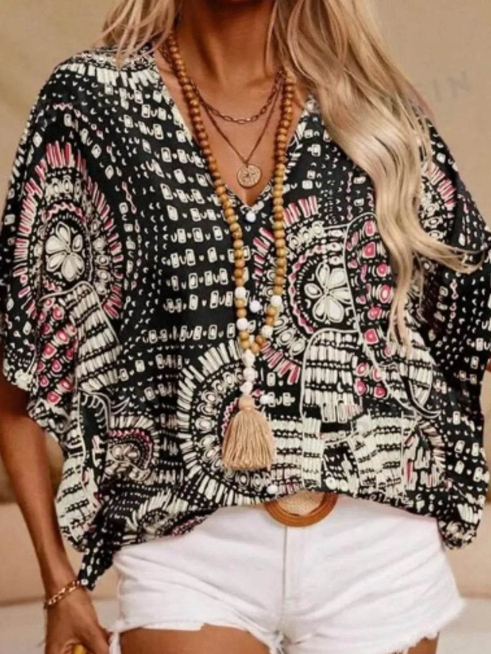 Printed V-Neck Half Sleeve Top - Ultim8 Designs 4 U