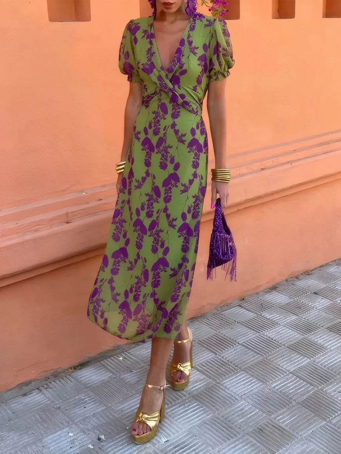 Printed Plunge Short Sleeve Midi Dress - Ultim8 Designs 4 U