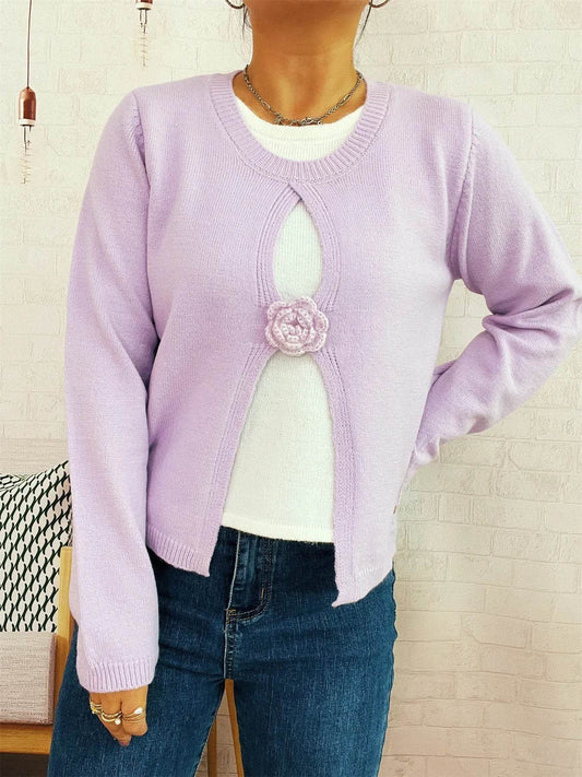 Flower Contrast Round Neck Sweater - Ultim8 Designs 4 U