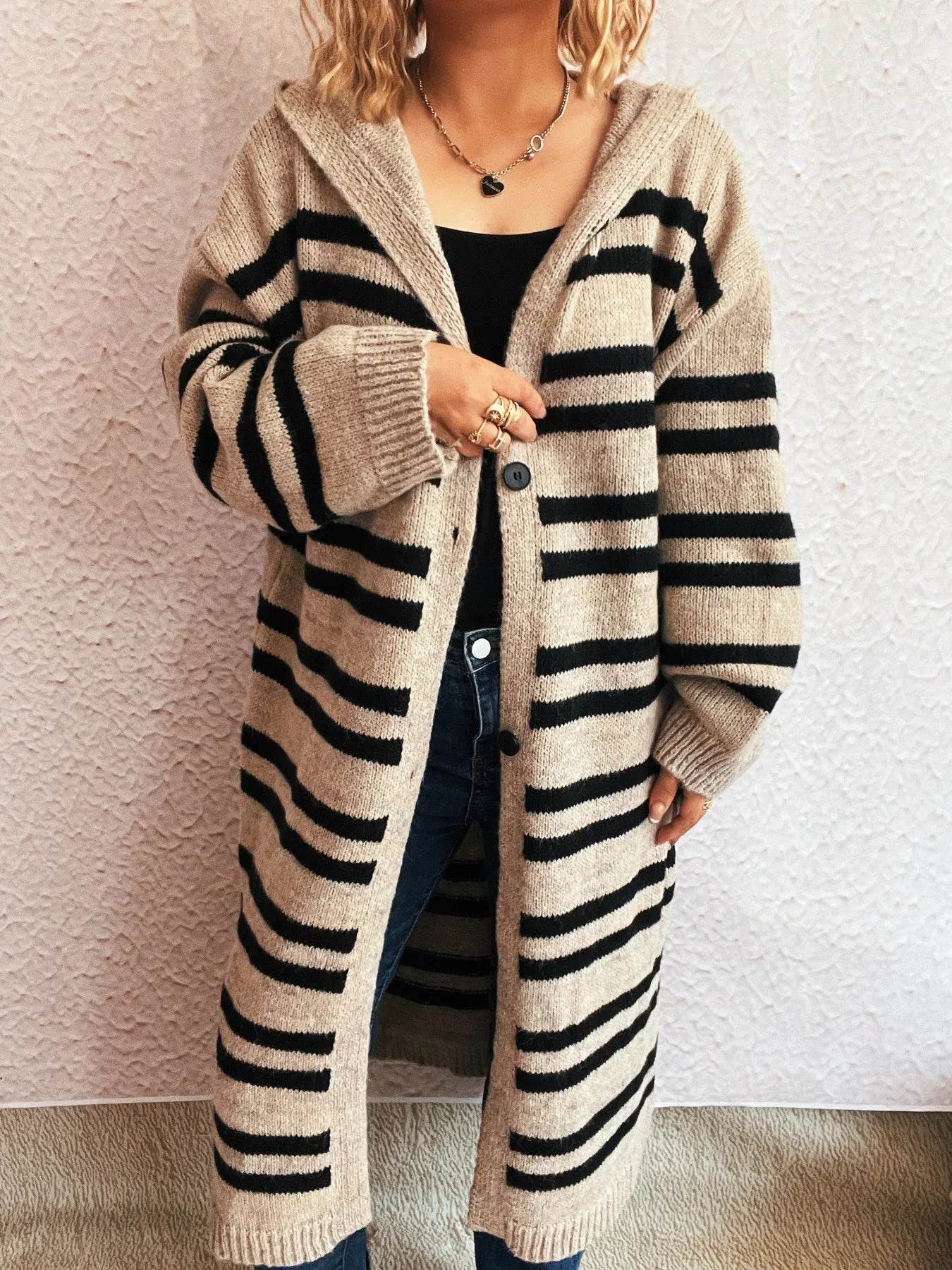 Striped Open Front Hooded Cardigan - Ultim8 Designs 4 U