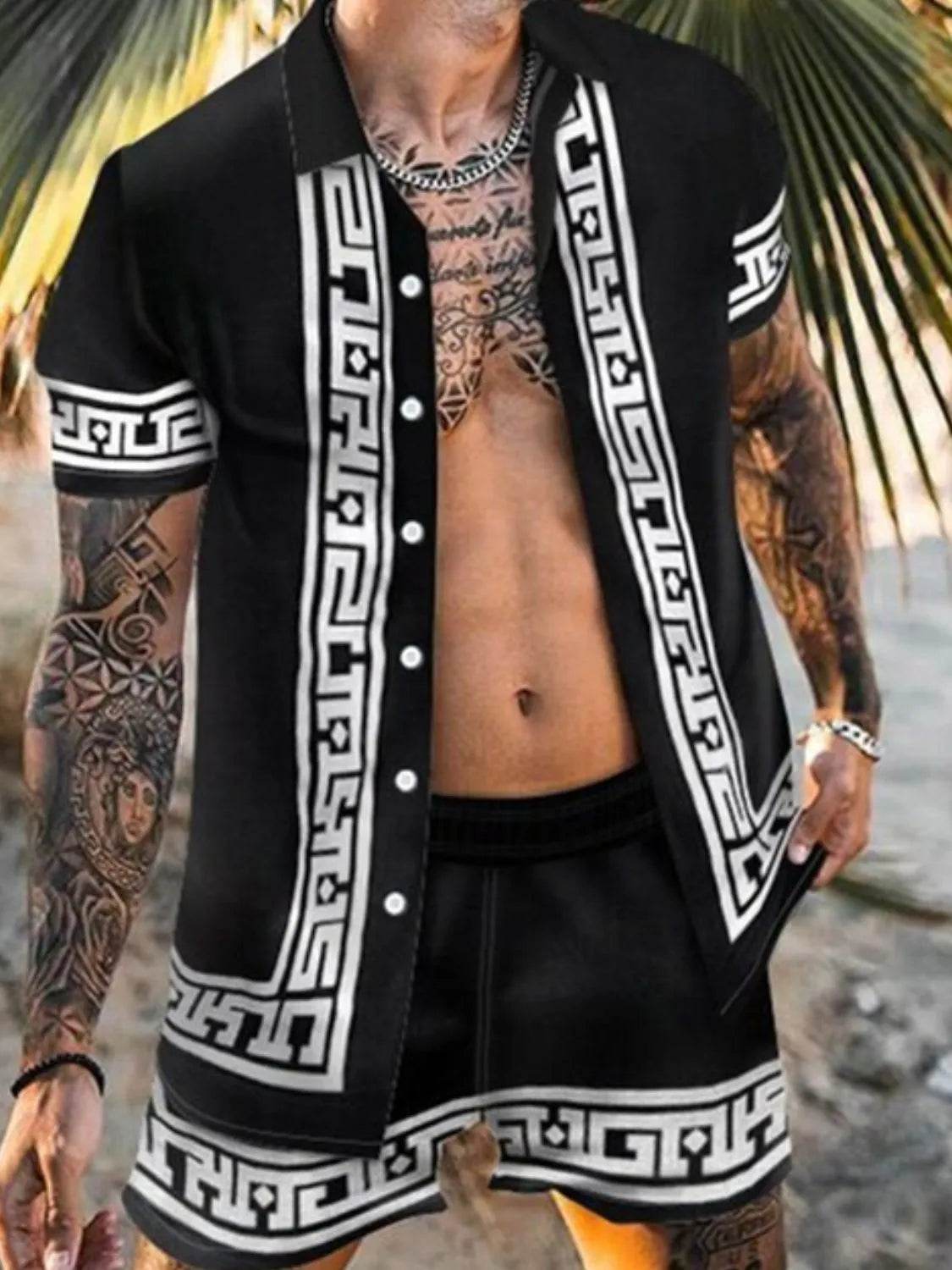 Men's Full Size Printed Button Up Top and Shorts Set Plus Size - Ultim8 Designs 4 U