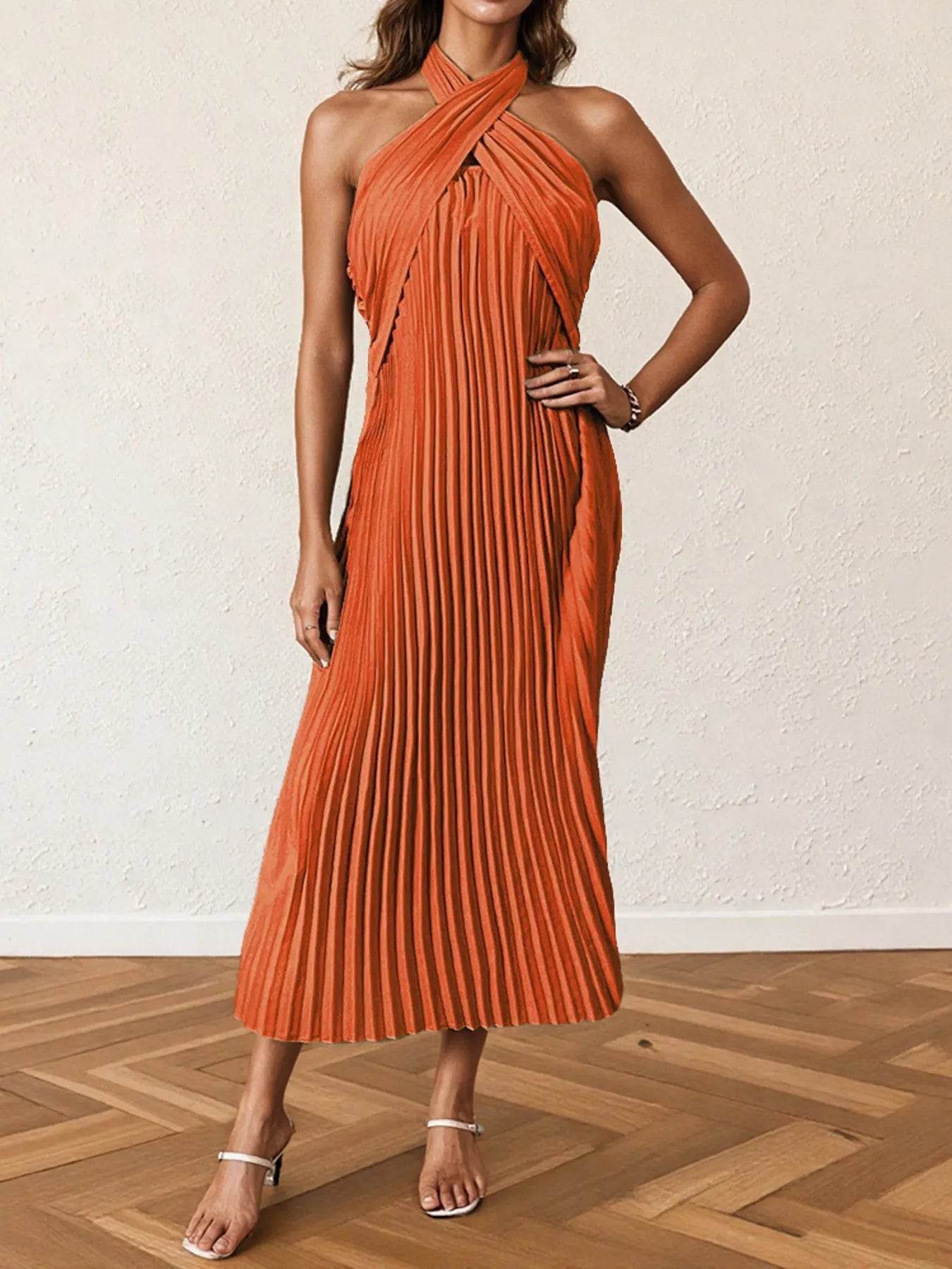 Pleated Halter Neck Midi Dress - Ultim8 Designs 4 U