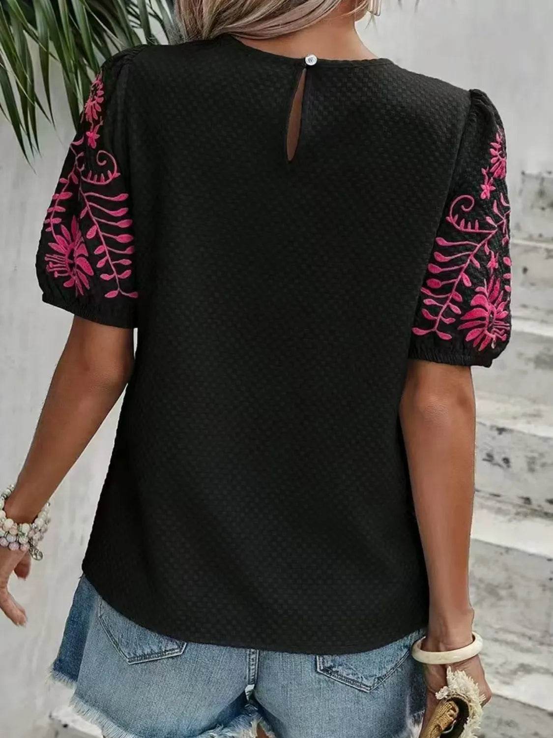 Embroidered Round Neck Short Sleeve Blouse - Ultim8 Designs 4 U