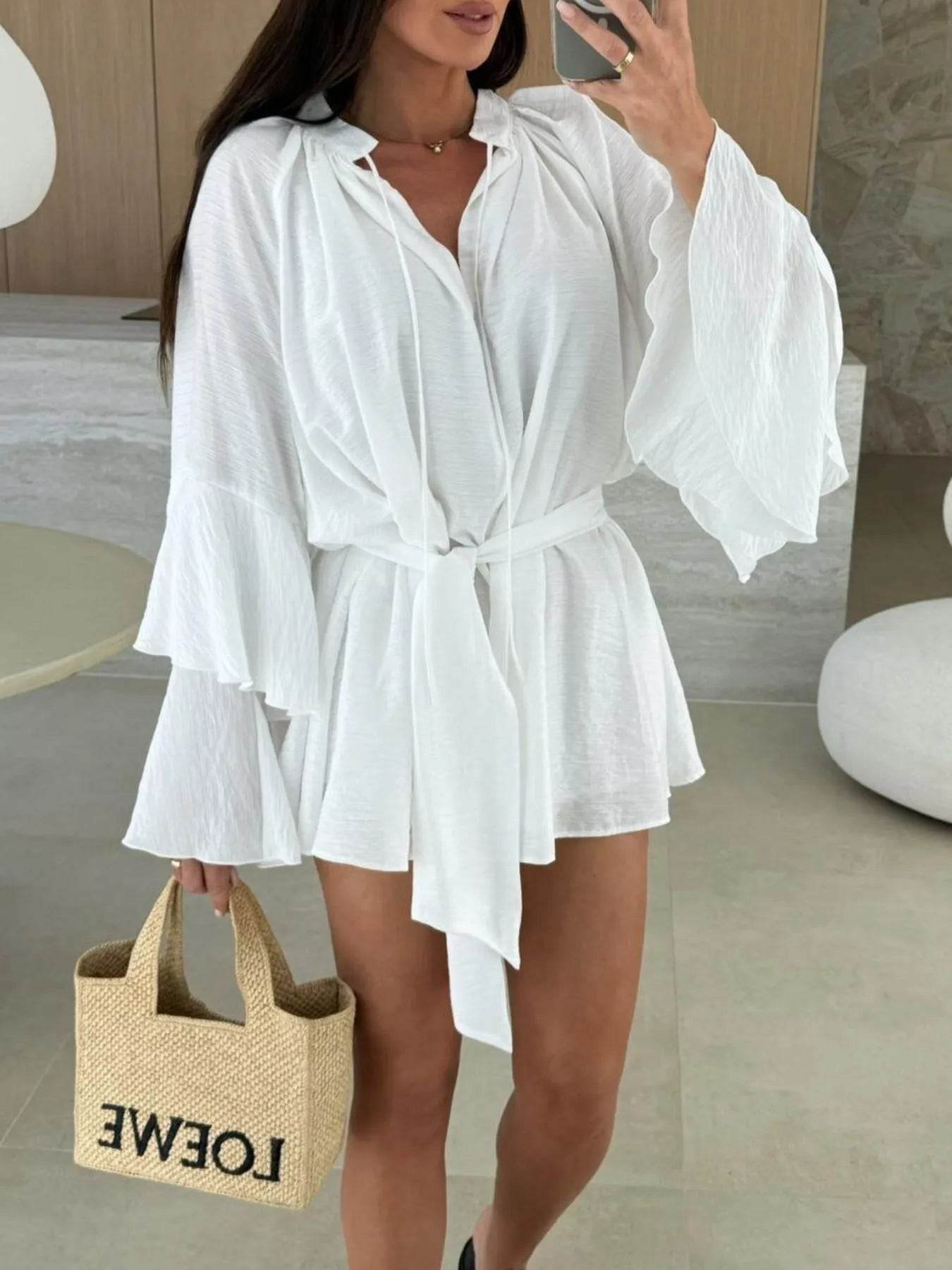 Bell Sleeve Tie Waist Mini Shirt Dress - Ultim8 Designs 4 U