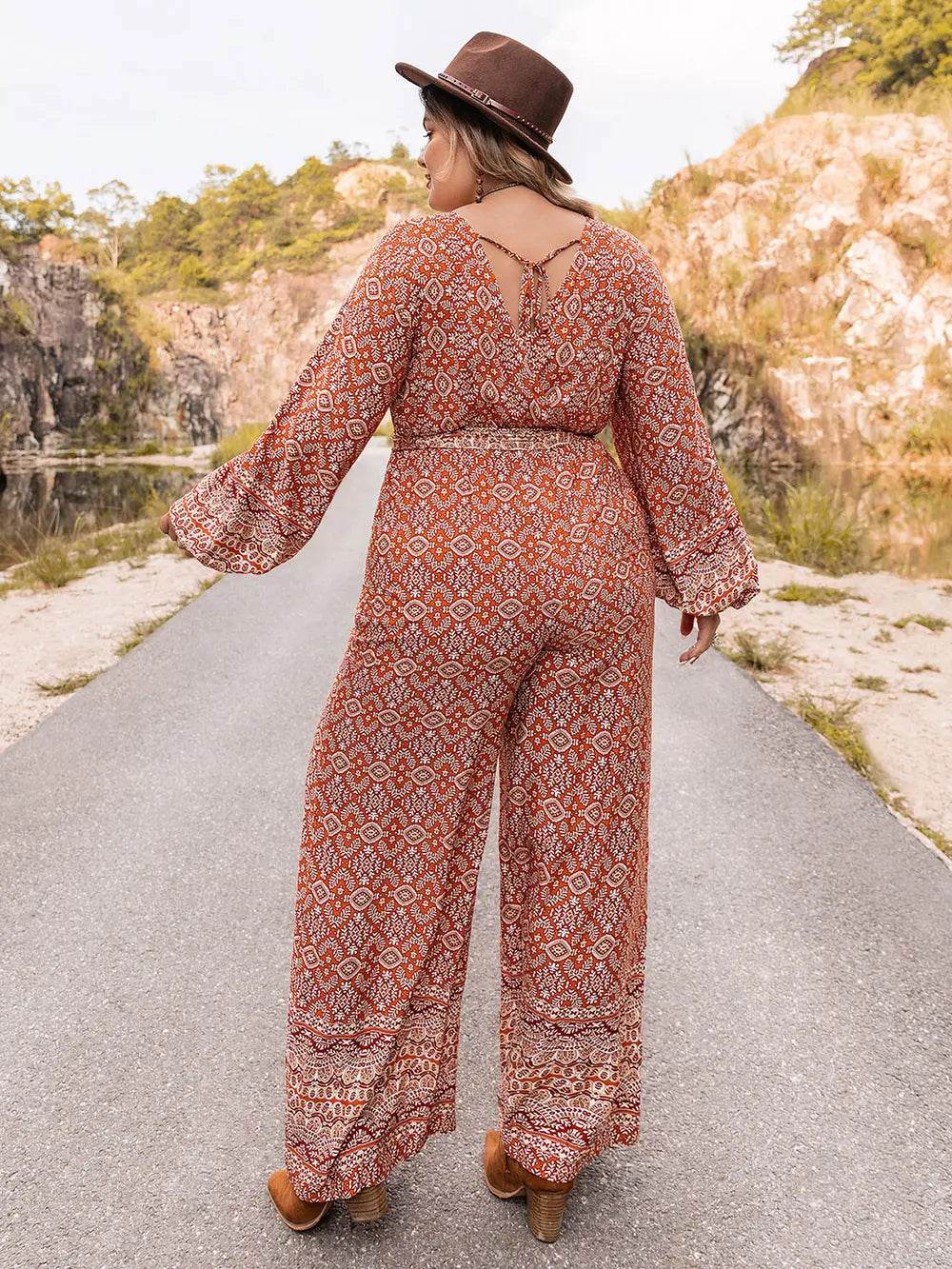 Plus Size Printed V-Neck Tie Front Balloon Sleeve Jumpsuit - Ultim8 Designs 4 U