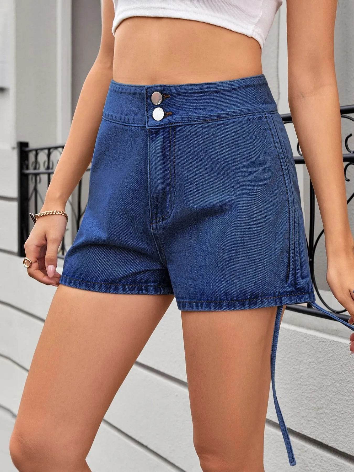 Ruched Side Drawstring Denim Shorts - Ultim8 Designs 4 U