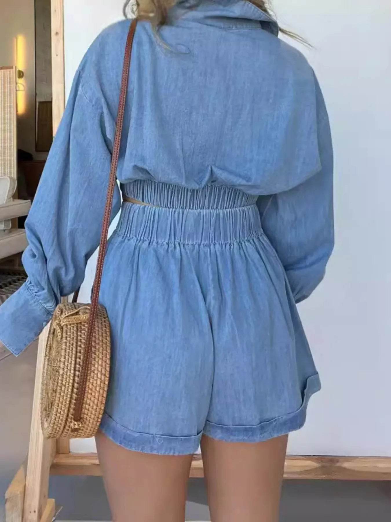 Full Size Long Sleeve Top and Shorts Denim Set Plus Size - Ultim8 Designs 4 U