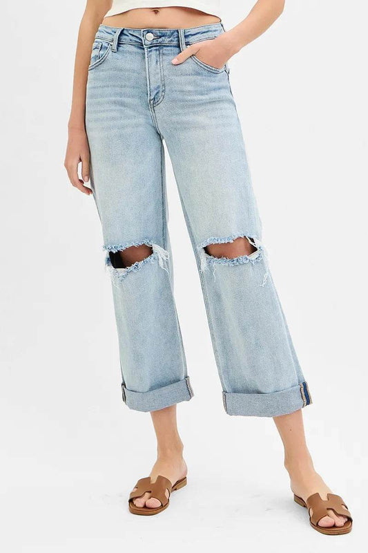 RISEN Full Size Mid Rise Fit Boyfriend Jeans with Cuff Plus Size - Ultim8 Designs 4 U