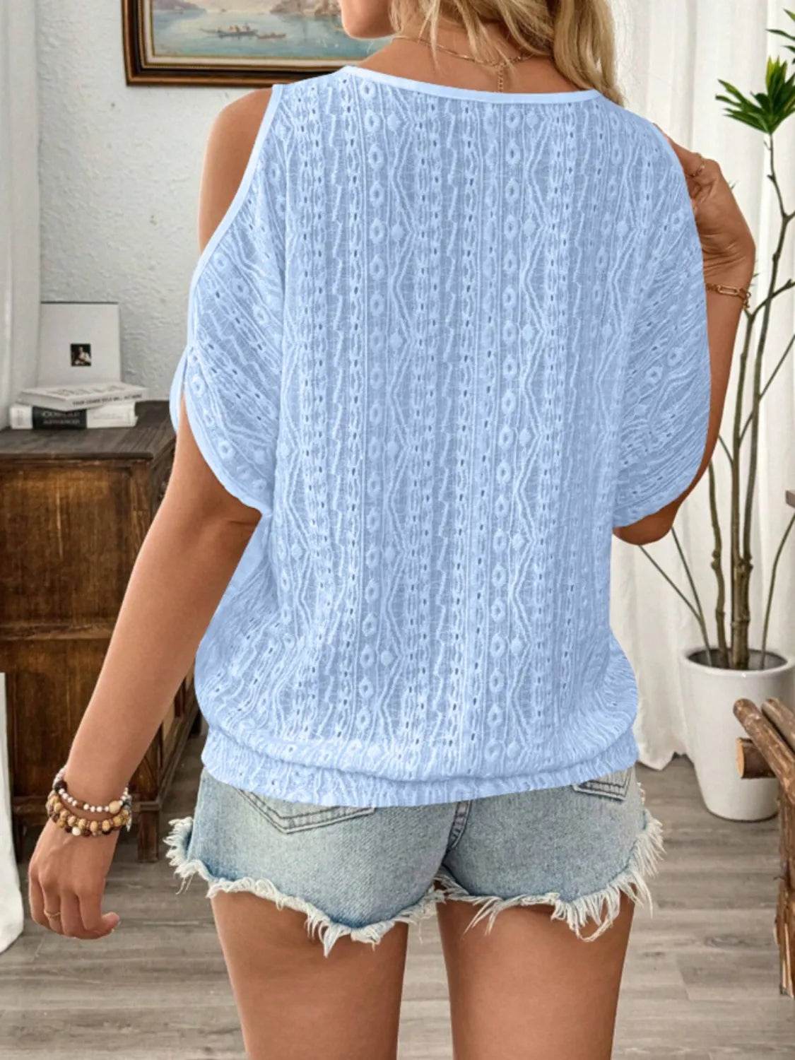 Eyelet Cold Shoulder Round Neck Blouse - Ultim8 Designs 4 U