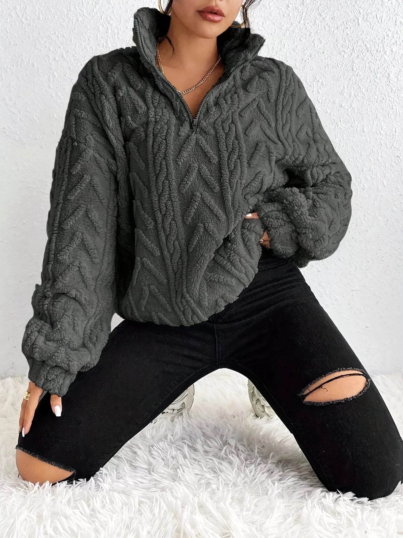 Quarter Zip Dropped Shoulder Sherpa Sweatshirt - Ultim8 Designs 4 U