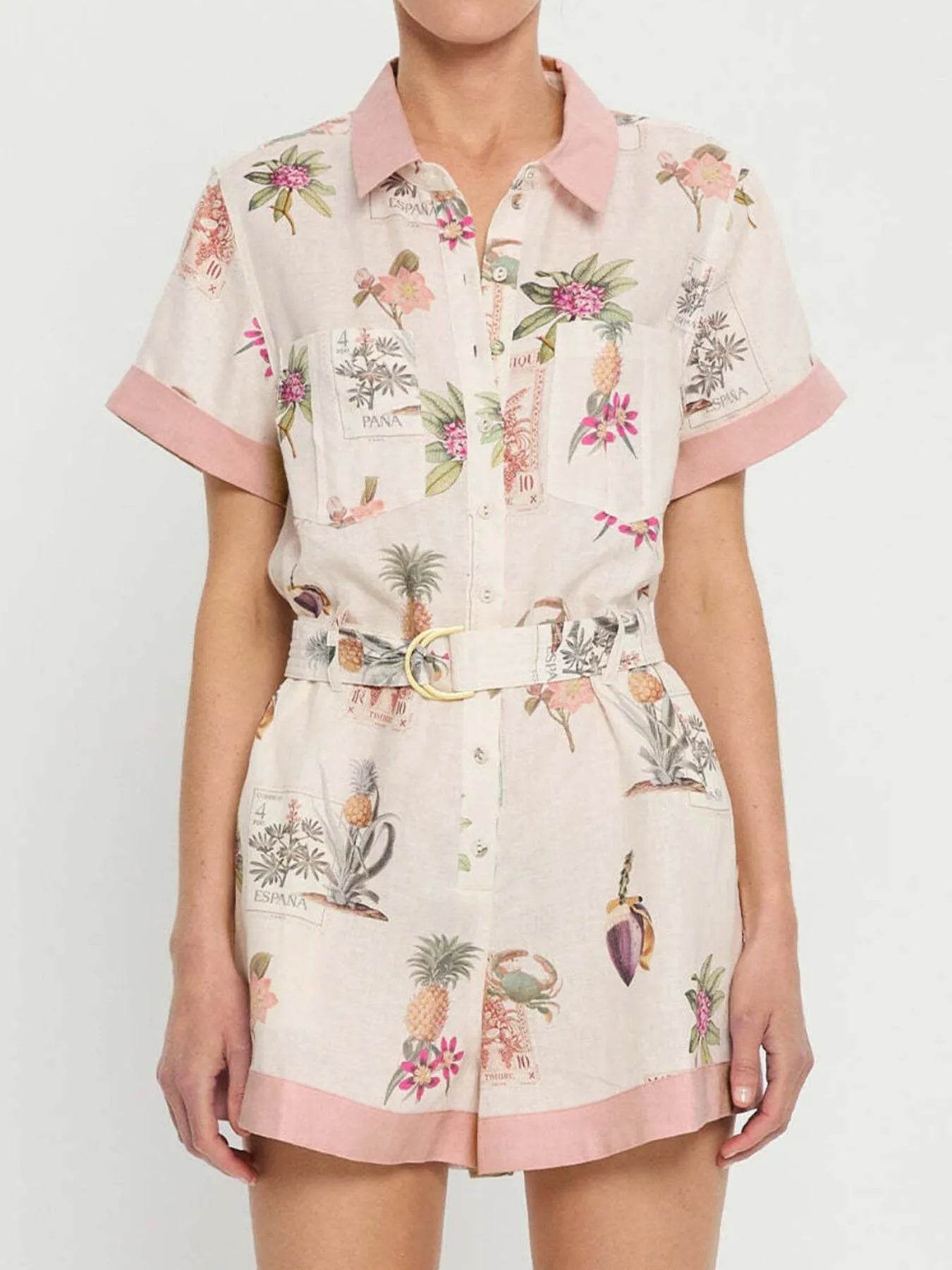 Printed Short Sleeve Romper with Belt - Ultim8 Designs 4 U