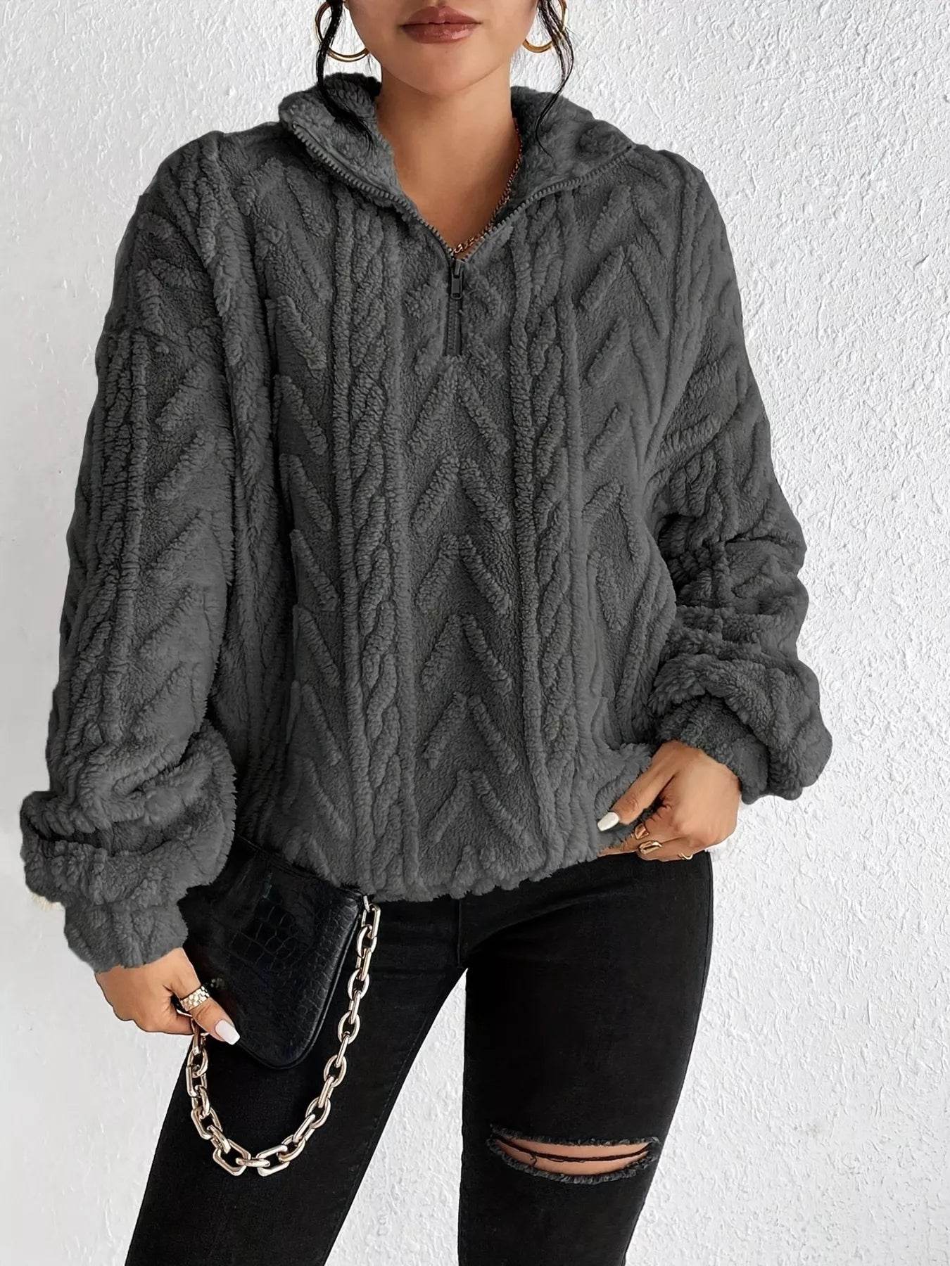 Quarter Zip Dropped Shoulder Sherpa Sweatshirt - Ultim8 Designs 4 U