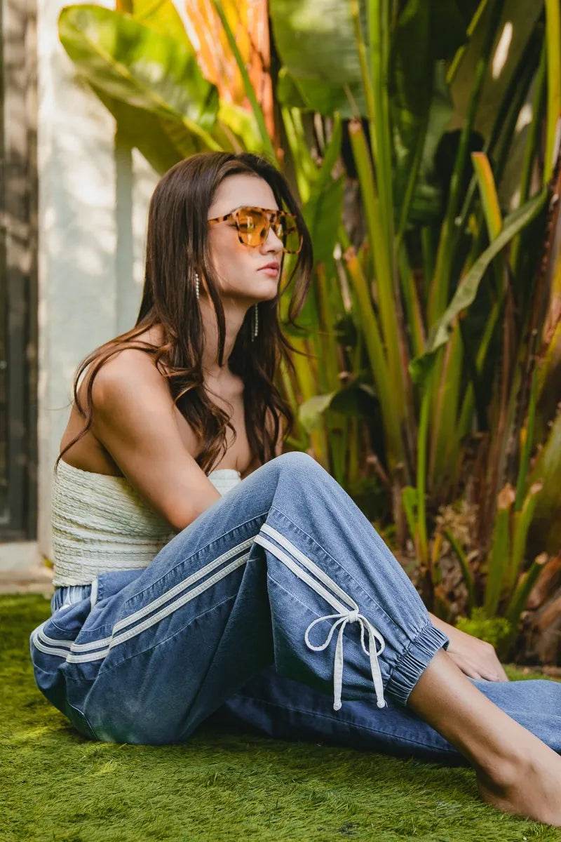 BiBi Striped Tape Details With Bot Tied Point Elastic Waist Jeans - Ultim8 Designs 4 U