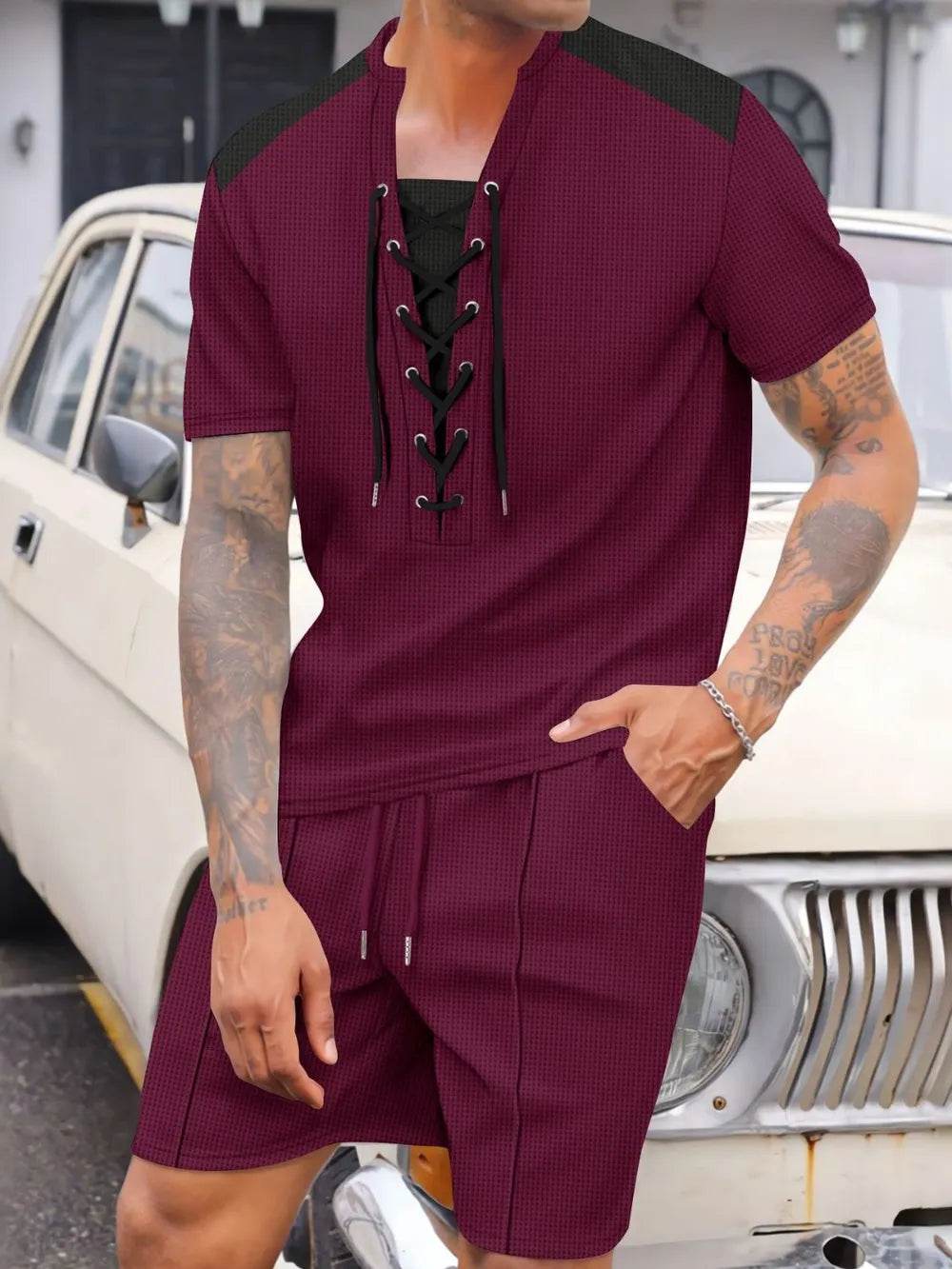 Men's Full Size Lace-Up Waffle Knit Top and Shorts Set Plus Size - Ultim8 Designs 4 U